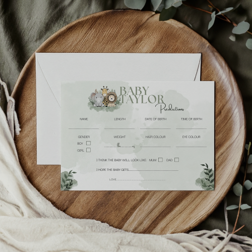 Safari Theme Personalised Baby Predictions Game Cards