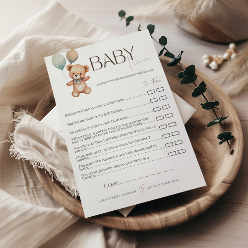 Personalised Teddy Bear Baby Trivia Game Cards